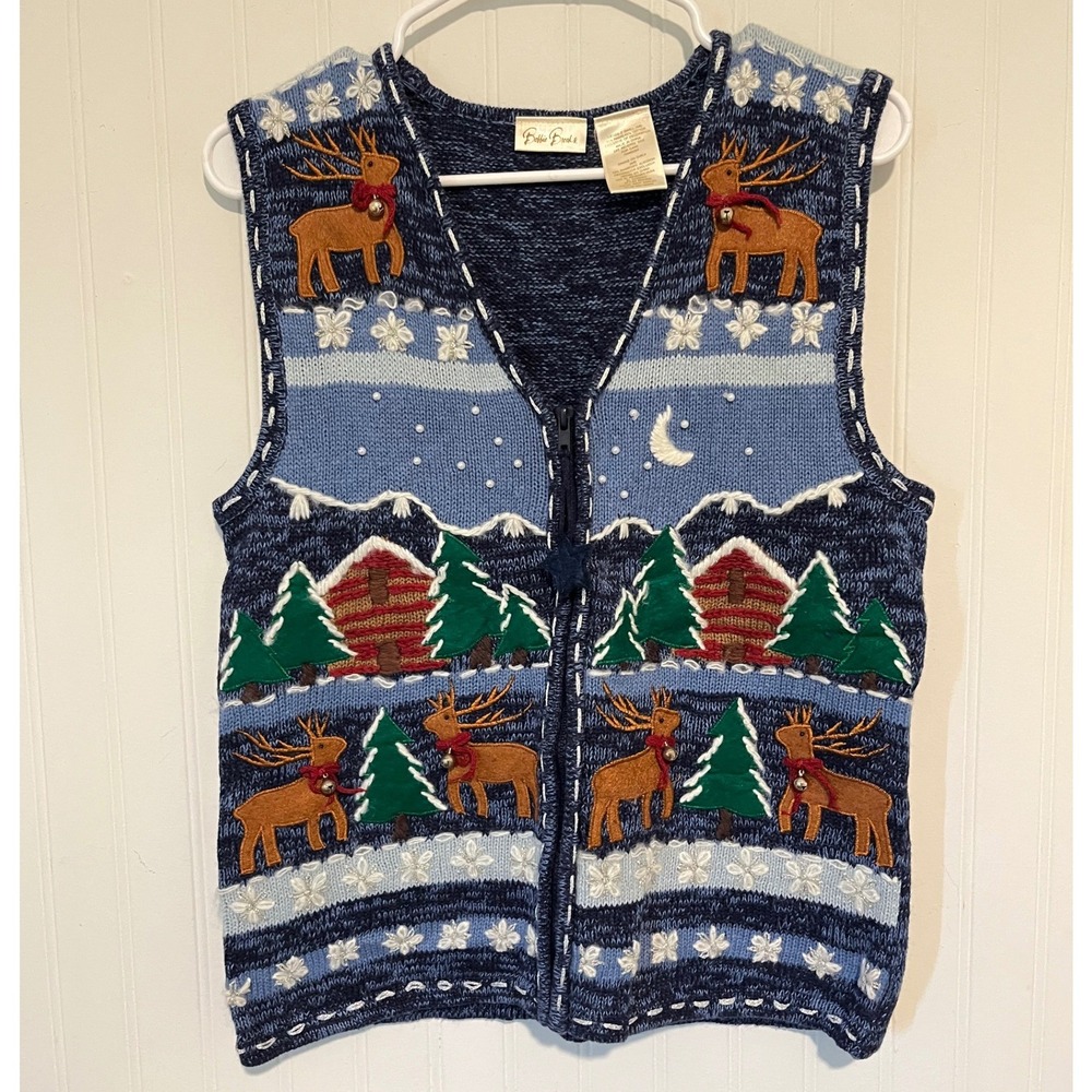Vintage-inspired Sweater Vest Women S Blue Reindeer Christmas Zip Front